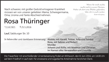 Traueranzeige von Rosa Thüringer von Pegnitz-Zeitung