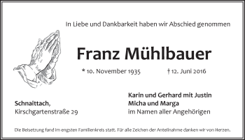 Traueranzeige von Franz Mühlbauer von Pegnitz-Zeitung