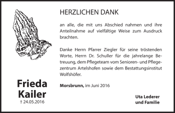 Traueranzeige von Frieda Kailer von Hersbrucker Zeitung