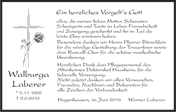 Traueranzeige von Walburga Laberer von Der Bote