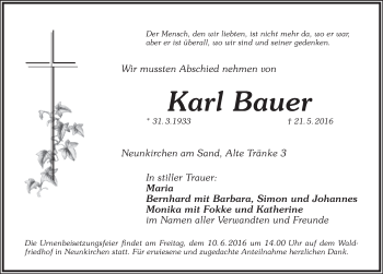 Traueranzeige von Karl Bauer von Pegnitz-Zeitung