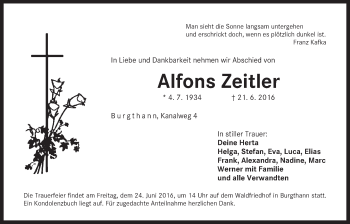 Traueranzeige von Alfons Zeitler von Der Bote