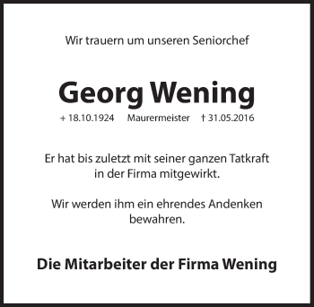 Traueranzeige von Georg Wening von Hersbrucker Zeitung