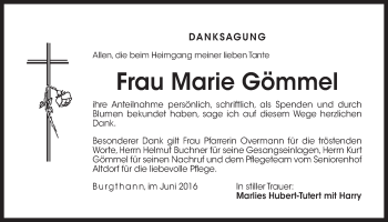 Traueranzeige von Marie Gömmel von Der Bote