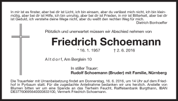 Traueranzeige von Friedrich Schoemann von Der Bote