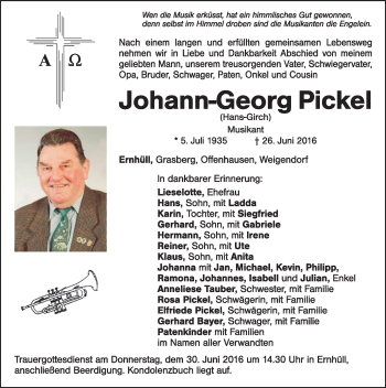 Traueranzeige von Johann-Georg Pickel von Hersbrucker Zeitung