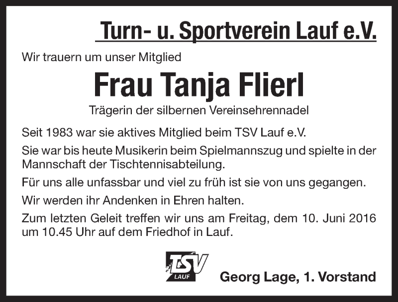  Traueranzeige für Tanja Flierl vom 06.06.2016 aus Pegnitz-Zeitung