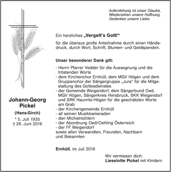 Traueranzeige von Johann-Georg Pickel von Hersbrucker Zeitung