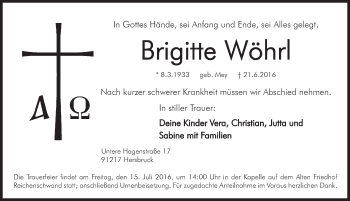 Traueranzeige von Brigitte Wöhrl von Hersbrucker Zeitung