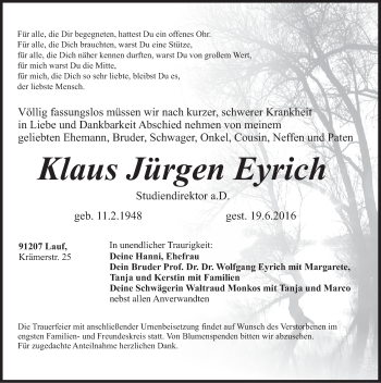 Traueranzeige von Klaus Ju¨rgen  Eyrich von Pegnitz-Zeitung