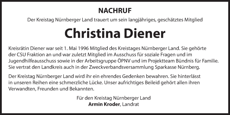 Traueranzeige für Christina Diener vom 02.07.2016 aus Hersbrucker Zeitung