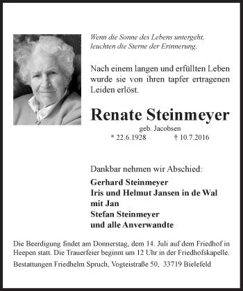 Traueranzeige von Renate Steinmeyer von Hersbrucker Zeitung
