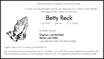 Traueranzeige von Betty Reck von Hersbrucker Zeitung