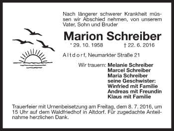Traueranzeige von Marion Schreiber von Der Bote