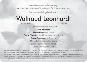 Traueranzeige von Waltraud Leonhardt von Hersbrucker Zeitung