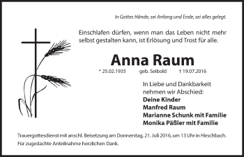 Traueranzeige von Anna Raum von Hersbrucker Zeitung