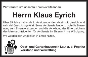 Traueranzeige von Klaus Ju¨rgen  Eyrich von Pegnitz-Zeitung