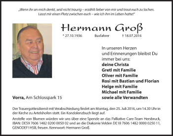 Traueranzeige von Hermann Groß von Hersbrucker Zeitung