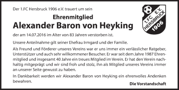 Traueranzeige von Alexander Baron von Heyking von Hersbrucker Zeitung