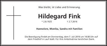 Traueranzeige von Hildegard Fink von Pegnitz-Zeitung