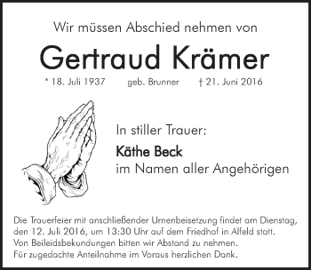Traueranzeige von Gertraud Krämer von Hersbrucker Zeitung
