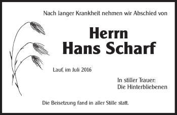 Traueranzeige von Hans Scharf von Pegnitz-Zeitung