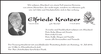 Traueranzeige von Elfriede Kratzer von Hersbrucker Zeitung