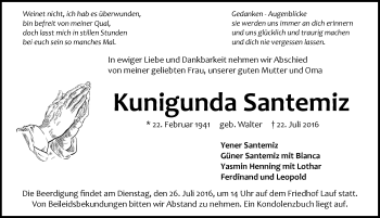 Traueranzeige von Kunigunda Santemiz von Pegnitz-Zeitung