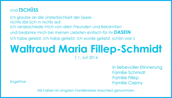 Traueranzeige von Waltraud Maria Fillep-Schmidt von Hersbrucker Zeitung