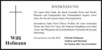 Traueranzeige von Willi Hofmann von Der Bote