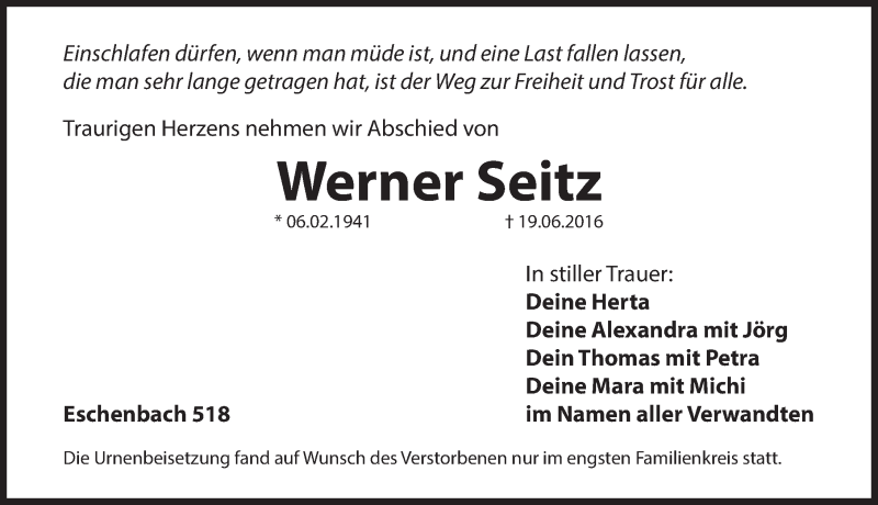  Traueranzeige für Werner Seitz vom 02.07.2016 aus Hersbrucker Zeitung