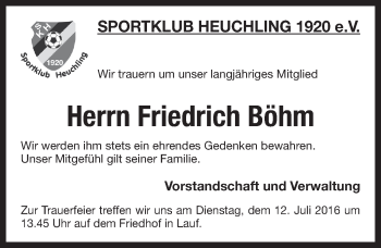 Traueranzeige von Friedrich Böhm von Pegnitz-Zeitung