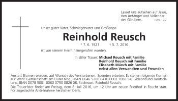 Traueranzeige von Reinhold Reusch von Der Bote
