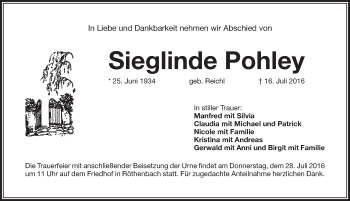 Traueranzeige von Sieglinde Pohley von Pegnitz-Zeitung