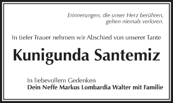 Traueranzeige von Kunigunda Santemiz von Pegnitz-Zeitung