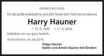Traueranzeige von Harry Hauner von Der Bote