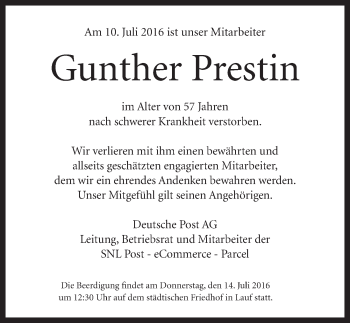 Traueranzeige von Gunther Prestin von Pegnitz-Zeitung
