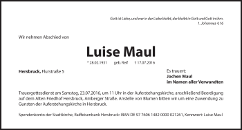 Traueranzeige von Luise Maul von Hersbrucker Zeitung