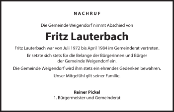 Traueranzeige von Fritz Lauterbach von Hersbrucker Zeitung