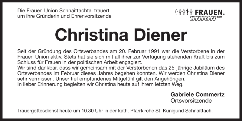  Traueranzeige für Christina Diener vom 02.07.2016 aus Pegnitz-Zeitung