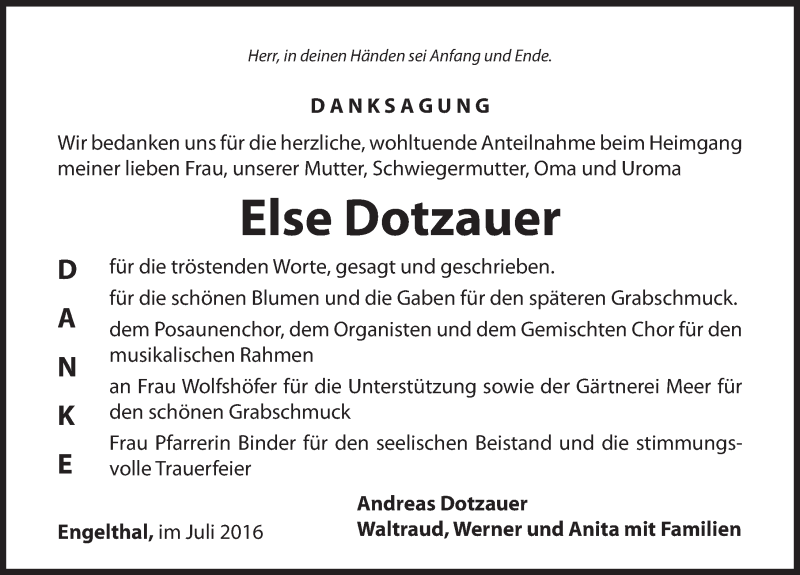  Traueranzeige für Else Dotzauer vom 09.07.2016 aus Hersbrucker Zeitung