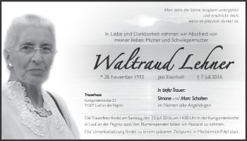 Traueranzeige von Waltraud Lehner von Pegnitz-Zeitung