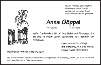 Traueranzeige von Anna Göppel von Hersbrucker Zeitung