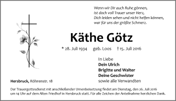 Traueranzeige von Käthe Götz von Hersbrucker Zeitung