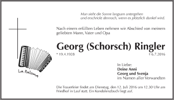 Traueranzeige von Georg Ringler von Pegnitz-Zeitung