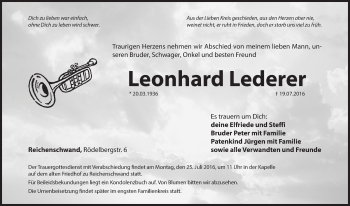 Traueranzeige von Leonhard Lederer von Hersbrucker Zeitung