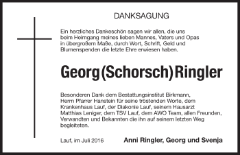 Traueranzeige von Georg Ringler von Pegnitz-Zeitung