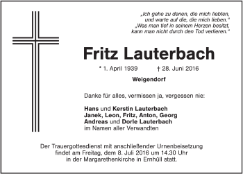 Traueranzeige von Fritz Lauterbach von Hersbrucker Zeitung