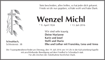 Traueranzeige von Wenzel Michl von Pegnitz-Zeitung