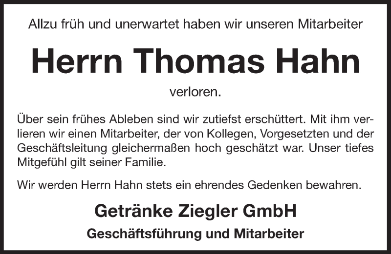  Traueranzeige für Thomas Hahn vom 27.07.2016 aus Pegnitz-Zeitung